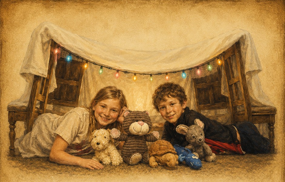 Jade and Brett in a blanket fort with their childhood stuffed animals and multicolored lights